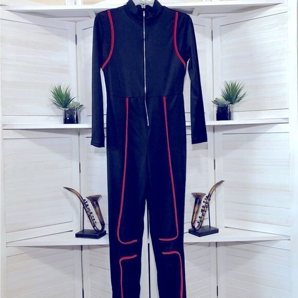 Vintage Y2K Catsuit Jumpsuit Black Red Piping S M - Picture 2 of 8